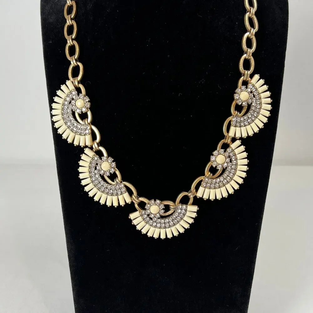 J. Crew Fan Flower Statement Bib Necklace White Ivory Rhinestones Goldtone